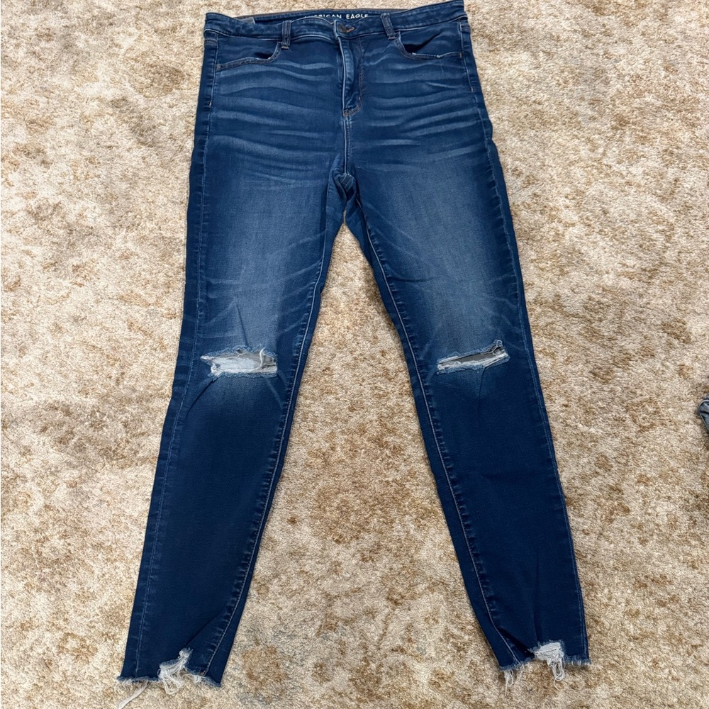 American Eagle Outfitters Women's Dark Blue Ripped Skinny Jeans